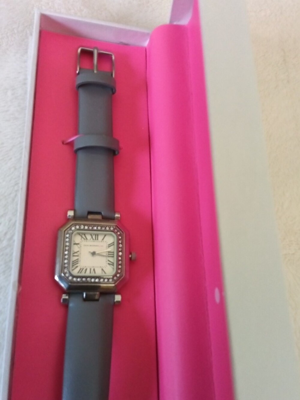 Isaac Mizrahi Gray Leather Strap Women's Watch with Crystal-Accented Case